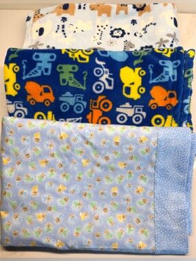 Baby Blanket Bundle of 3 Unused Fleece & Handmade Receiving Blanket Blue